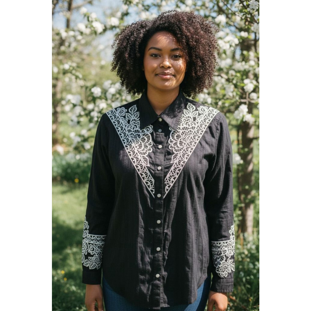 Bob Mackie Button Down Shirt XL Black White Embroidered